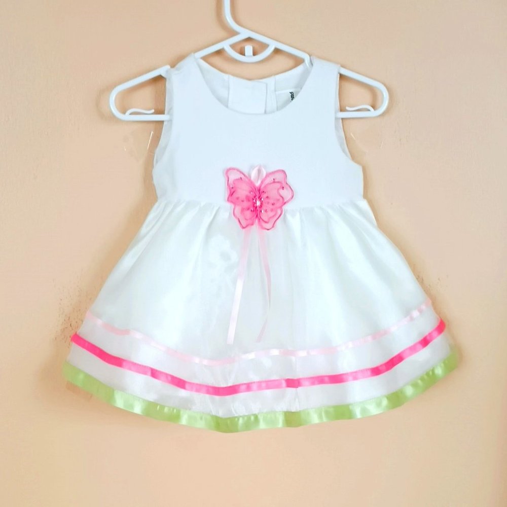 Rare Editions White Organza Dress 3-6M Pink Tulle Butterfly Ribbon Trim Baby